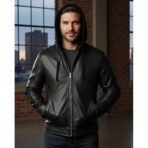 Men’s hooded bomber leather jacket front view casual winter outerwear