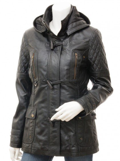 Lisa Black Hooded Leather 3 4 Length Coat Womens