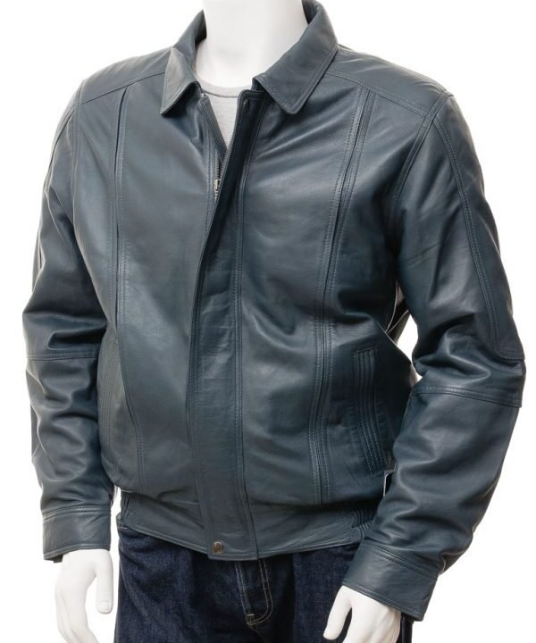 Mens Blue Leather Moto Jacket