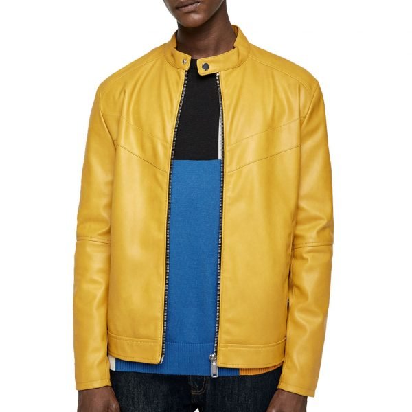 Mens Raised Collar Yellow Leather Jacket