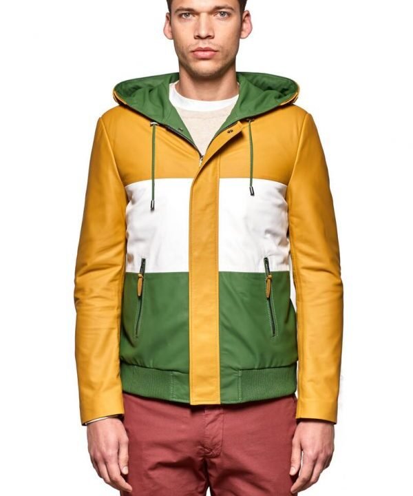 Men’s Yellow Hooded Genuine Leather Sports Coat