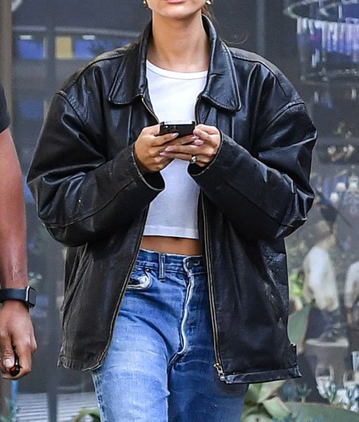 Hailey Bieber Black Leather Jacket