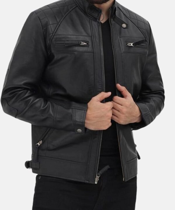 Cafe Racer Men’s Quilted  Black Leather Jacket