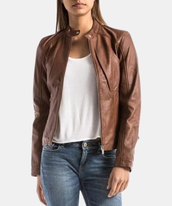 Casual Brown Slim Fit Women Leather Jacket